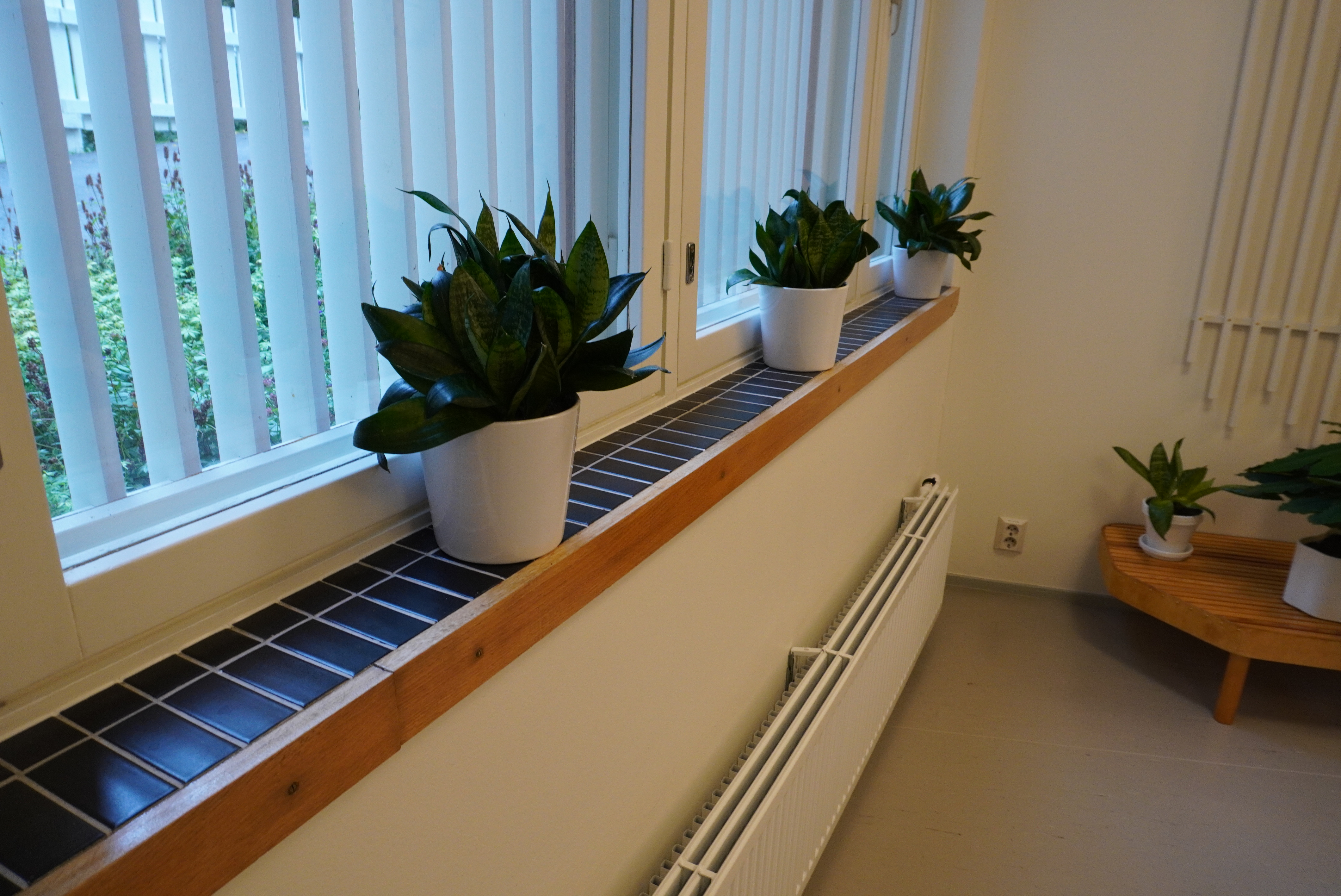 アアルトミュージアム 窓際の黒タイルとオーク框材